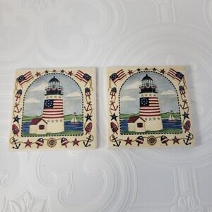Nautical Lighthouse American Flag Coasters Set of 2 Ceramic Cork USA Patriotic